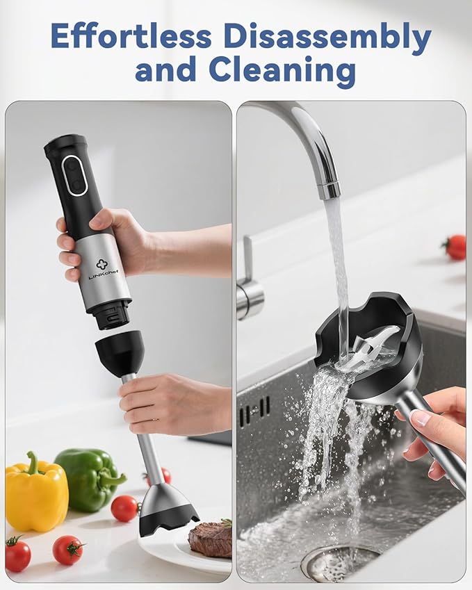 LINKChef 7 in 1 Immersion Blender Handheld, 800W Hand Blender Set, Scratch Resistant with 2 Titanium Steel Blades, 20 Speed and Turbo Mode, Includes Whisk, Milk Frother, Food Processor & Beaker