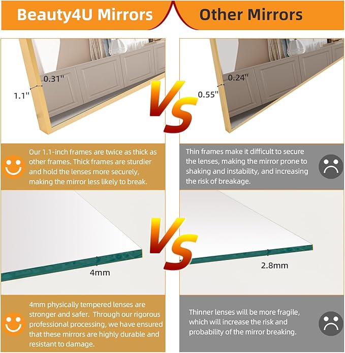 Beauty4U 59" x 16" Tall Full Length Mirror with Stand, Gold Wall Mounting Full Body Mirror, Metal Frame Full-Length Tempered Mirror for Living Room, Bedroom