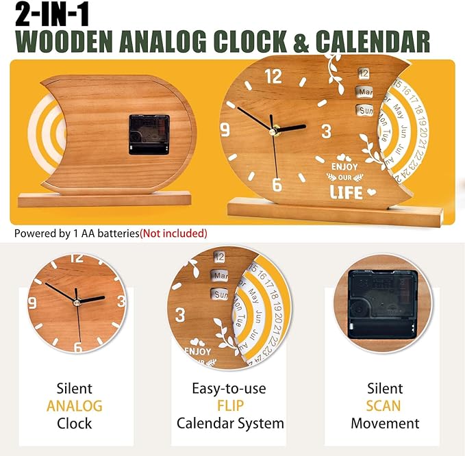 2-in-1 Wooden Analog Clock & Calendar - Silent No Ticking Desk Clocks Perpetual Calendar for Office, Bedroom, Study - Vintage Home Shelf Table Decor - Flip Date, Month & Day of The Week