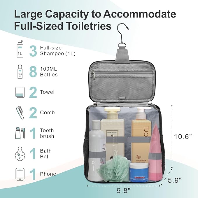 F-color Hanging Shower Caddy Portable - College Dorm Essentials for Guys with Hooks, Quick-Dry Shower Bag for Dorm Travel Gym Camping Essentials, Water-Resistant with Multiple Pockets, Black