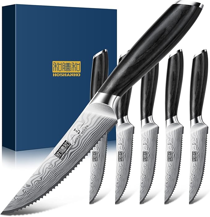 Steak Knives Set of 6, 4.5 Inch Japanese Serrated Steak Knife Set, Ultra Sharp High Carbon Powder Steel Steak Knife with Pakkawood Handle