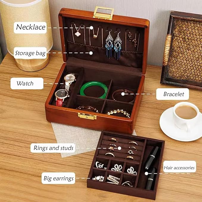 Bescott 2 Layer Solid Wooden Jewelry Box with Lock and Key for Women Men Vintage Velvet Wood Jewelry Organizer Storage for Earrings Rings Necklaces Bracelet Watch Mother’s Day Gift