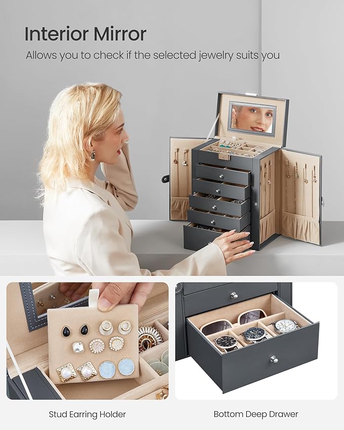 SONGMICS 6 Tier Jewelry Box, Jewelry Storage Organizer with 5 Drawers, Large Storage Capacity, with Mirror, Lockable, Jewelry Case, Gift for Loved Ones, For Watches, Gray UJBC152G01