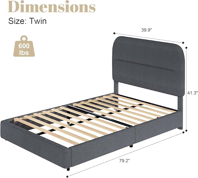 HOMBCK Twin Bed Frames, Upholstered Twin Bed Frame with Rounded Headboard, Soft Modern Twin Size Boucle Bed Frame with Thickened Footboard, Rounded Corners, No Box Spring Needed, Easy Assembly, Grey