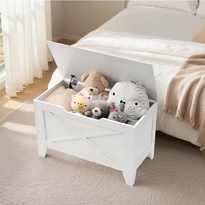 VECELO 30" Farmhouse Style Storage Bench, Entryway Shoe Ottoman, with Handwoven Cushion, with Metal Safety Hinges, for Bedroom, Living Room, Entryway, White