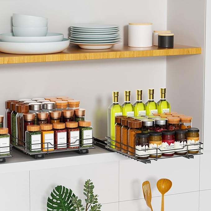 RCHYFEED Pull Out Spice Rack Organizer for Cabinet,Slide out Spice Organization for Inside Cabinets,Heavy Duty Seasoning Organizer Fits Kitchen and Pantry,Sauces,Canned (10.5''Wx10.5''Dx2.5''H)