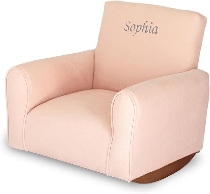 Toddler Personalized Armchair, Kids Upholstered Rocking Chair with Personalization, Toddler Chair with Personalized Name, Comfy Child Armchair, (Blush Suede, Rockers)