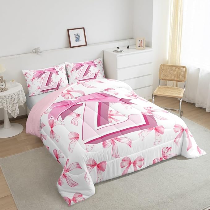 jejeloiu Kids Girls Cute Pink Bow Comforter Set Queen Size Monogrammed Bedding Set Ultra Soft Personalized Initial Z Duvet Quilt Coquette Bow Knot Quilt Set Room Decor Modern Fashion Comforter