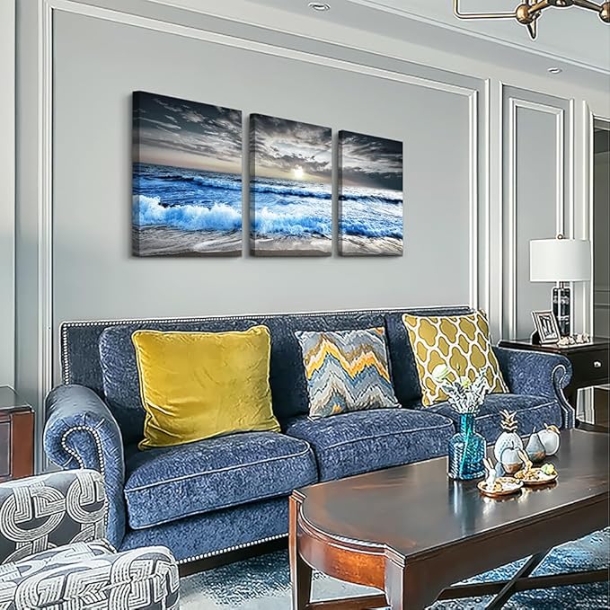 MHARTK66 Black and White Wall Art For Living Room Blue sea waves Canvas Wall Decor for Home Decor artwork painting 16" x 24" 3 Pieces Canvas Print For bedroom Decor Modern Salon kitchen Painting