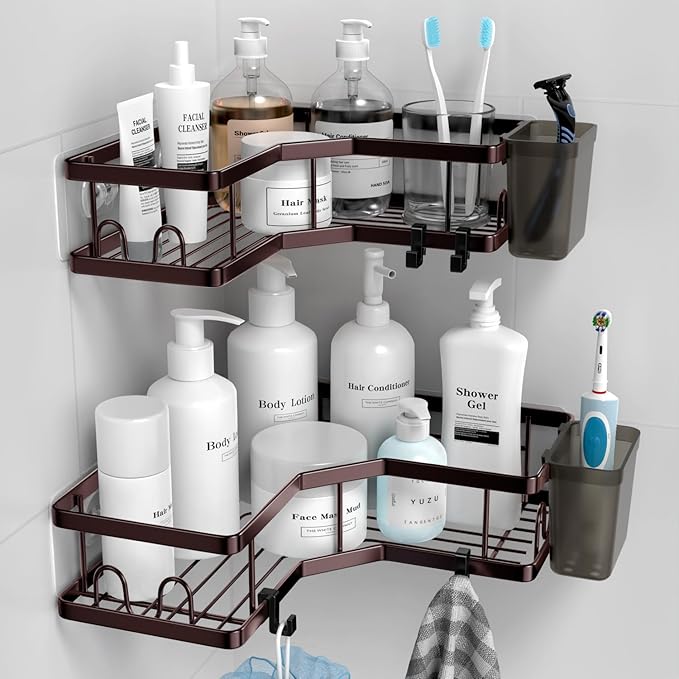 Shower Caddy Corner Organizer: 2Pack Adhesive Shower Shelf Essentials - No Drilling Stainless Steel Bathroom Storage Rack with Hooks and Toothpaste Holder - Shower Accessories