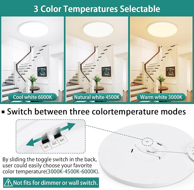 12Inch LED Ceiling Lights Flush Mount, Dimmable 3000K 4500K 6000K CCT, Low Profile Surface Mount Light Fixtures, 24W Thin Flat LED Panel Lights for Bedroom Bathroom Kitchen