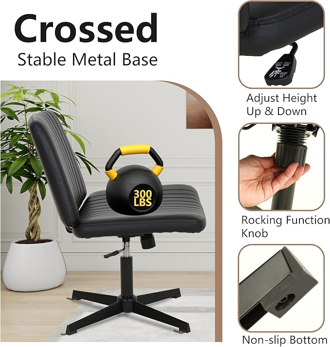 FDW Criss Cross Chair Armless Cross Legged Office Chair Adjustable Swivel Ergonomic Desk Chair No Wheels with Wide Seat Native Sponge Computer Task Vanity Chair for Home Office Dark Black