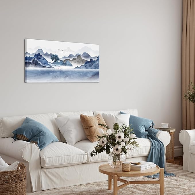 KREATIVE ARTS 20x40 Traditional Chinese Ink Painting Wall Art: Black and Blue Landscape Nature Prints of Mountain and Lake for Living Room, Asian Artwork