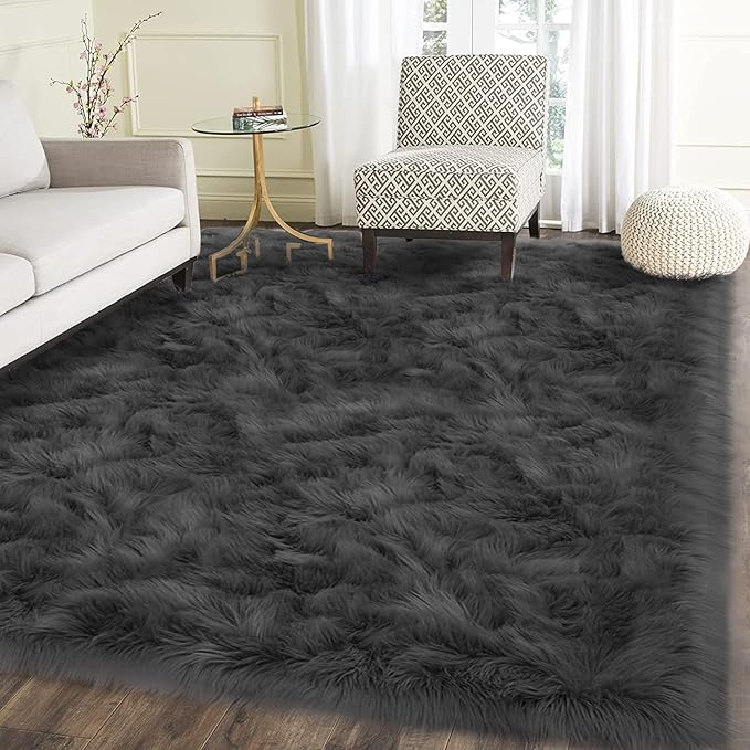 Latepis Dark Grey Rugs for Living Room Sofa 5x6.7 Faux Sheepskin Rug for Bedroom Plush Fluffy Rug Room Décor, Furry Rugs, Rectangle