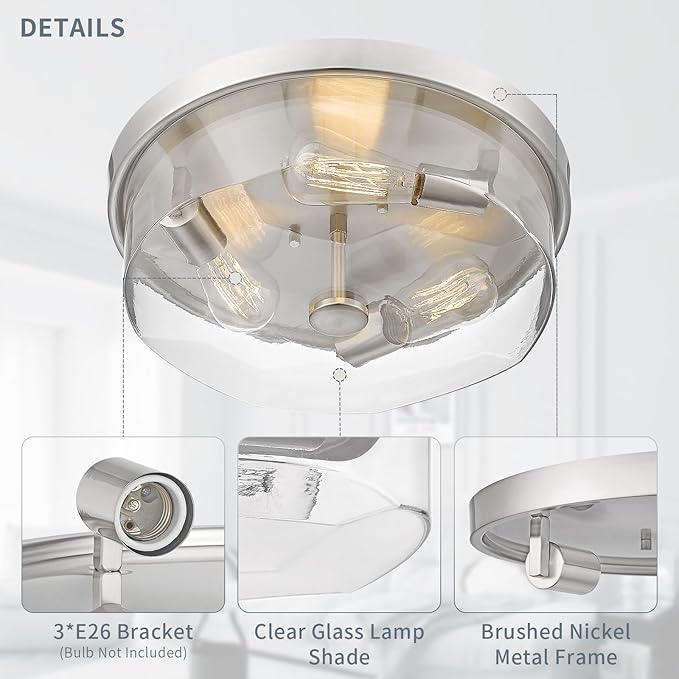 Brushed Nickel Flush Mount Ceiling Light, 3-Light Hallway Light Fixtures, Modern Farmhouse Farmhouse Ceiling Light Clear Glass for Kitchen Porch Entryway Indoor Outdoor