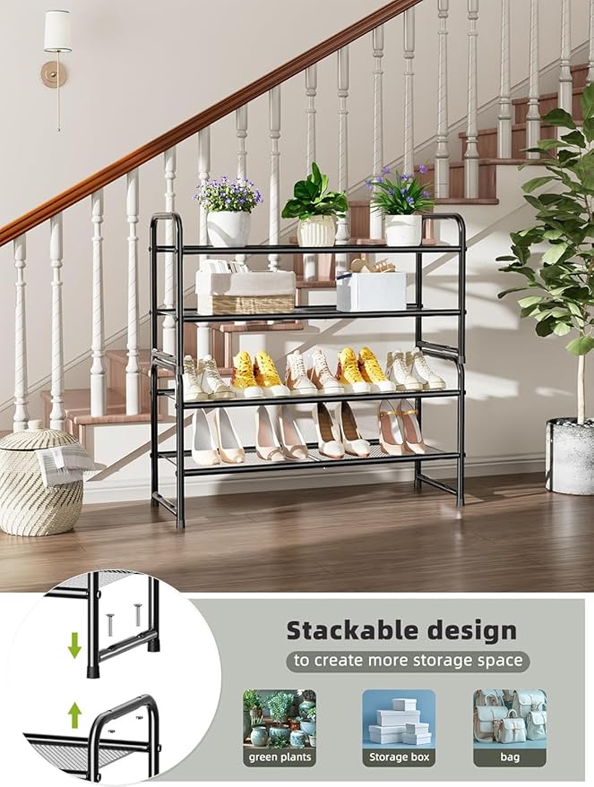 SUFAUY Shoe Rack for Closet, 33" Wide Metal Shoe Rack Organizer Heavy Duty, 2-Tier Mesh for Shoes, Black