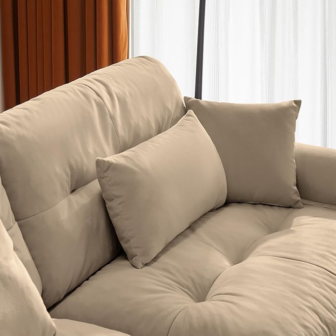 Ball & Cast 93.7" Loveseat Modular Sectional Sofa,Modern Oversized 2 Seater L-Shaped Couch with Round Bolster Armrest,Waist Pillow and Throw Pillows,for Living Room,Home Theater,Apartment,Velvet,Camel