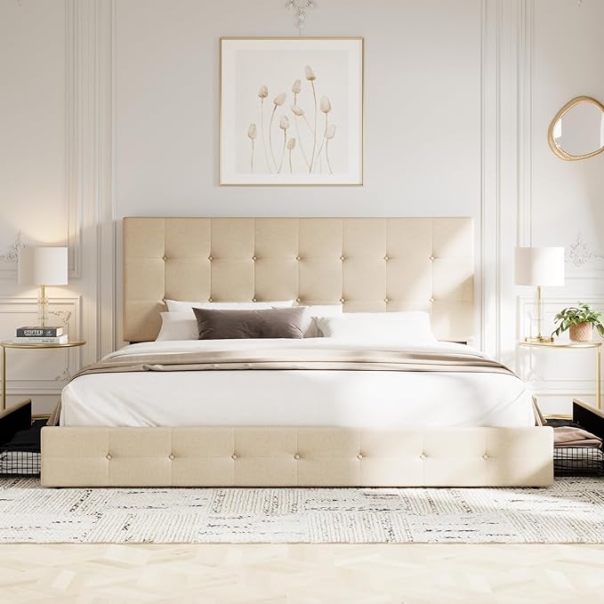 Allewie Upholstered King Size Platform Bed Frame with 4 Storage Drawers and Headboard, Square Stitched Button Tufted, Mattress Foundation with Wooden Slats Support, No Box Spring Needed, Beige