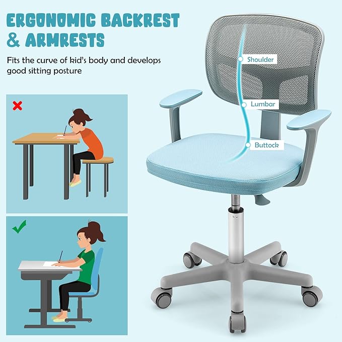 HONEY JOY Kids Desk Chair, Height Adjustable Children Study Chair, Swivel Mesh Task Student Chair, Universal Casters, Child Computer Desk Chair for Boys Girls Age 3-10 (Blue)