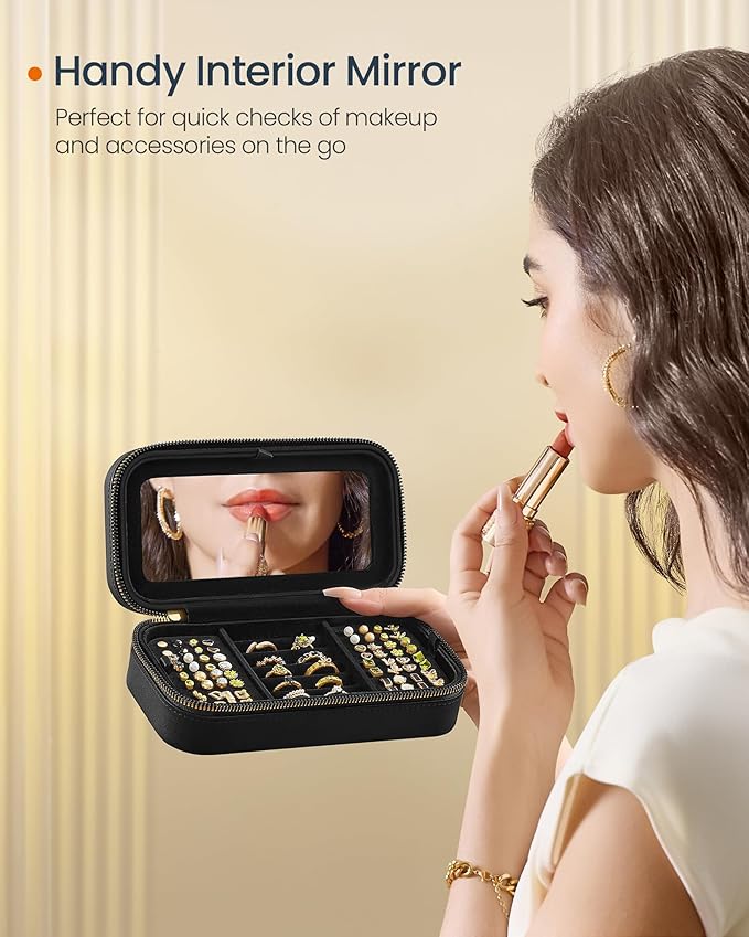 SONGMICS HOME Travel Jewelry Case, Small Jewelry Box Organizer with Mirror, 4.1 x 8 x 2.4 Inches, PU Surface with Stitching, Portable, Ink Black, ANAH Collection UJBC180B01