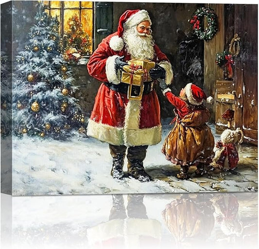 Vintage Santa Claus Christmas Canvas Wall Art - Festive Holiday Painting for Living Room,Bedroom & Bathroom, Cozy Winter Decor Framed Print, Perfect Christmas Gifts & Home Decoration