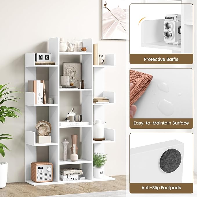 Tangkula Freestanding Tree Bookshelf, Corner Storage Organizer with 13 Open Shelves, Decorative Display Cube Shelf for Living Room, Study, Office, 34 x 9.5 x 55.5 Inch (2, White)