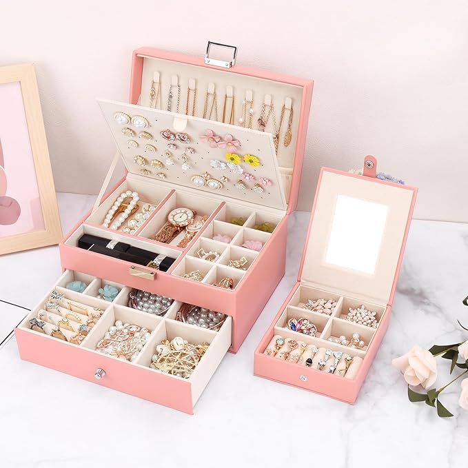 DesignSter Jewelry Organizer Box, 2 Layers Large Jewelry Box with Travel Jewelry Case, Leather Jewelry Storage Case for Rings Earrings Bracelets Necklaces (Pink)