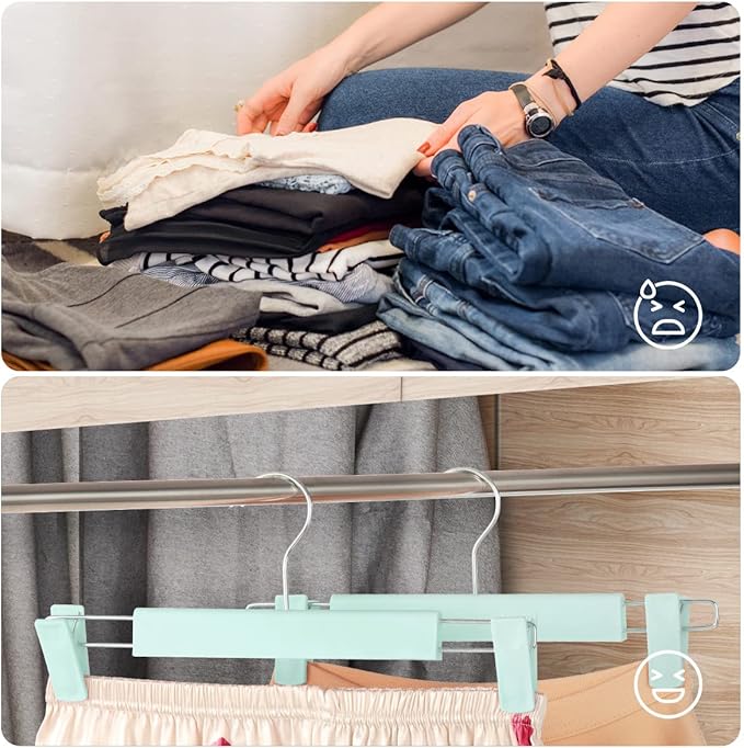 Clothes Pants Hangers, Space-Saving Skirt Holders with 360 ° Swivel Hooks, Adjustable Clips, Trouser Hangers, Clothes Coat Garment Jeans Hangers (10 Pack, Green)