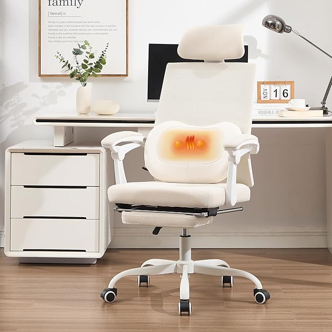 Qulomvs Ergonomic Office Chair with Massage&Heated Lumbar Support, Kneading Massage Office Chair with Foot Rest, Reclining Home Office Desk Chair 90-135 Adjustable Mesh Computer Desk Chair with Wheels
