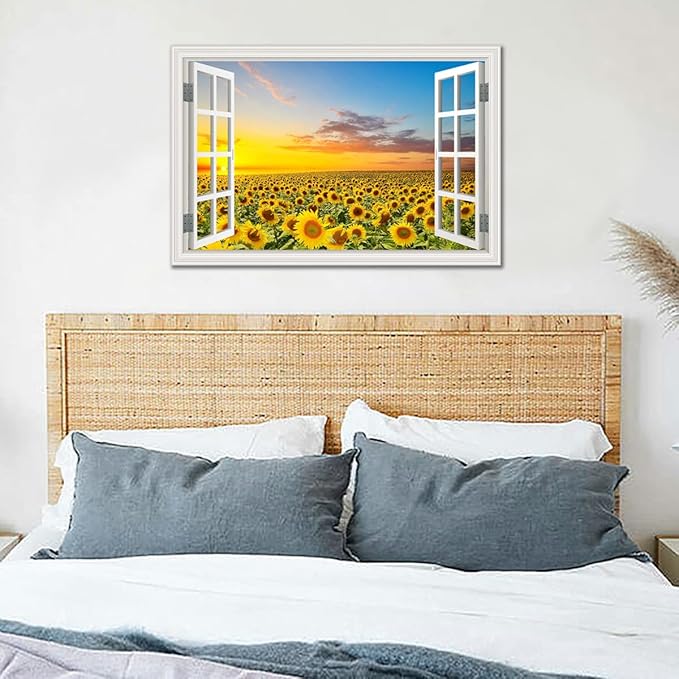 Sunflower Wall Art Decor for Living Room Window Style Sunset Canvas Picture for Bedroom Realism Yellow Flowers Filed Artwork for Bathroom Nature Landscape Prints Paintings for Kitchen Home Office