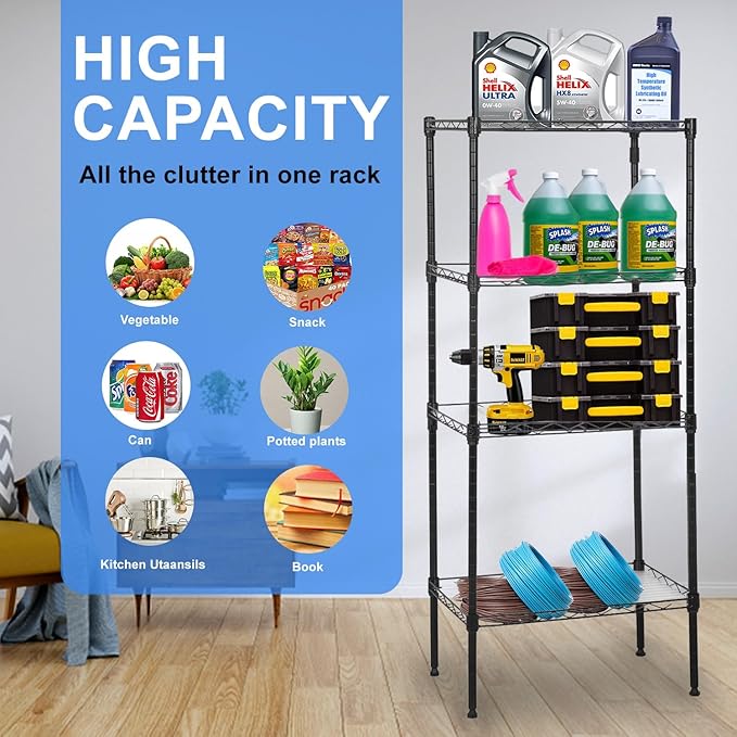 PayLessHere Metal Shelving Storage Shelves Garage Shelving 4-Tier Adjustable Shelf 600 lbs Total Bearing Capacity Multi-Functional Durable Easy Assembly, Black