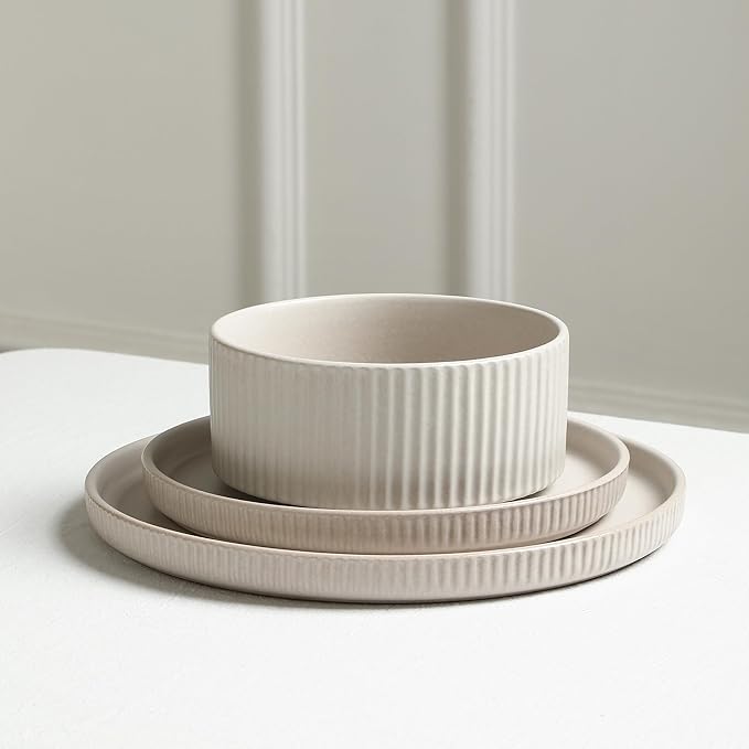 Stone Lain Haven Modern Stoneware 4 Piece Bowls Sets, Dish Set for 4, Reactive Glaze Sandy White