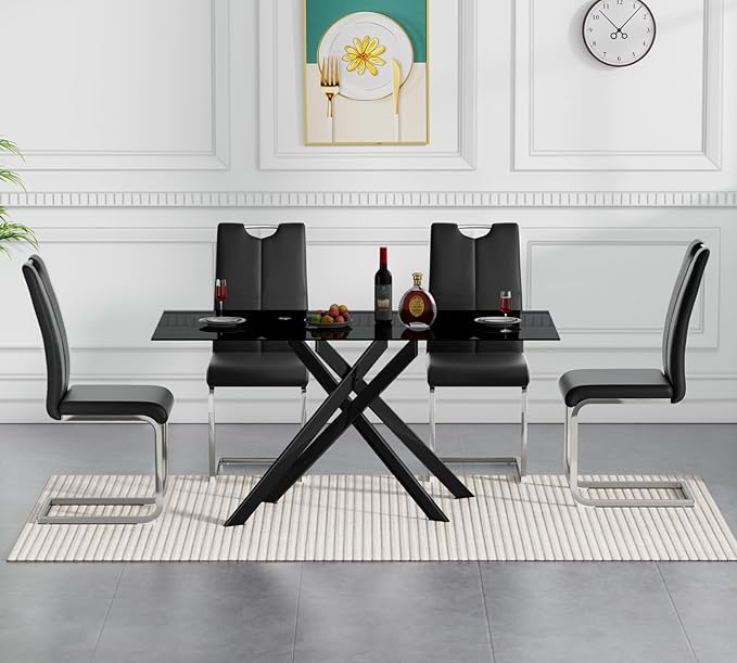 Goujxcy Modern Glass Dining Table Set for 4, Black Glass Kitchen Table and Chairs Set, 5 Piece Dining Room Table Set with 51" Rectangle Dinner Table and 4 Black Leather Dining Chairs
