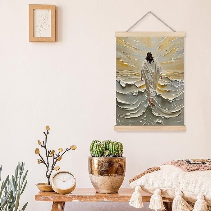 YTRG Jesus Wall Art, Bible Verse Wall Decor, Jesus Walking on Water Canvas Prints Framed Decor for Home Living Room Bedroom, 12x16 In