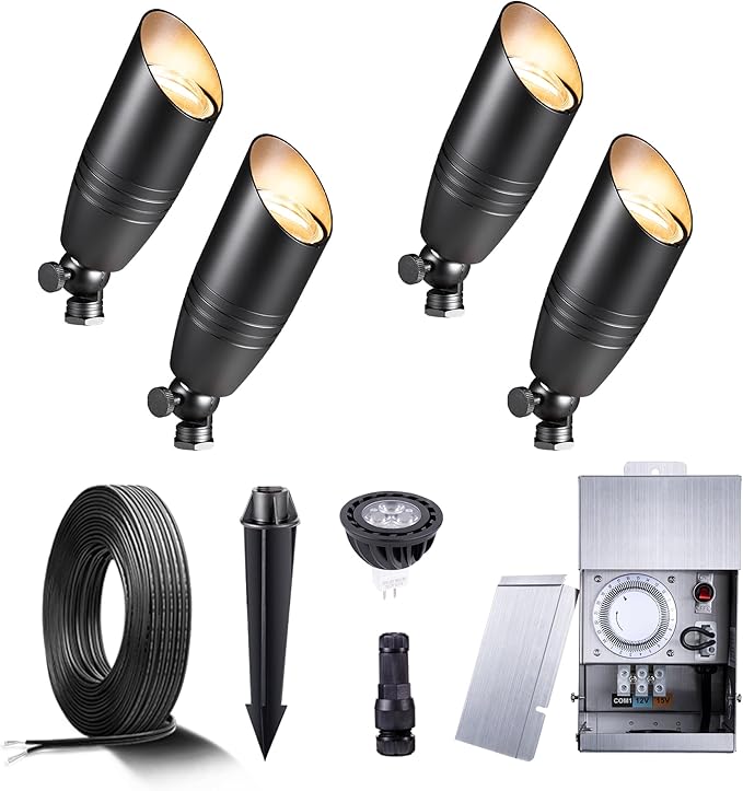Black Brass Landscape Lighting Kit (4-Pack LED Spotlights) with Low Voltage Transformer 75W and Mechanical Timer and 100FT Cable and 20Pack Wire Connectors for Outdoor Garden Patio