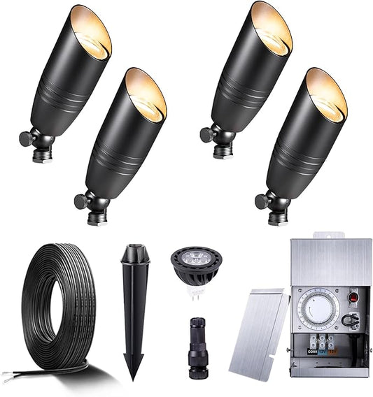 Black Brass Landscape Lighting Kit (4-Pack LED Spotlights) with Low Voltage Transformer 75W and Mechanical Timer and 100FT Cable and 20Pack Wire Connectors for Outdoor Garden Patio