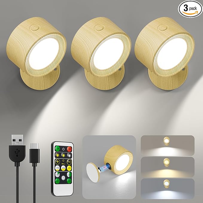 Lightbiz LED Wall Sconces, Wall Mounted Lamp 3 Pcs with Remote Rechargeable Battery Operated, 3 Color Temperatures & Dimmable Wall Lights Magnetic 360° Rotation Wireless Light