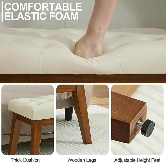 43.5'' Faux Leather Bedroom Bench, Upholstered End of Bed Bench with Tufted Button, Padded Vintage Dining Bench, Entryway Bench with Solid Wood Legs, Kitchen, Living Room, Hallway, Beige Tufted