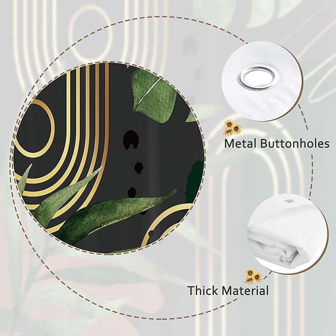 Glawry Dark Green Gold Boho Mid Century Shower Curtain Small Stall RV Narrow Abstract Minimalist Geometric Modern Leaf Bathroom Simple 48Wx72L Inches Bath Accessories Art Home Decor Fabric 8 Pack Hook