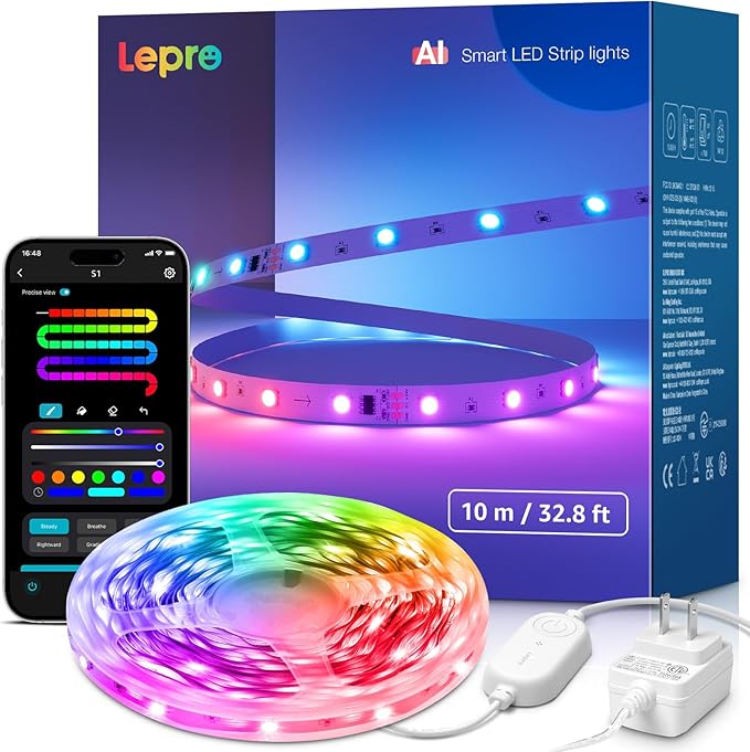 Lepro S1 AI LED Strip Lights for Christmas Decorations, 32.8ft Smart RGB Light Strips with IC and Rainbow Chasing Effects, Personalized Al Lighting Designer, No Remote, 2.4GHz Wi-Fi & Bluetooth
