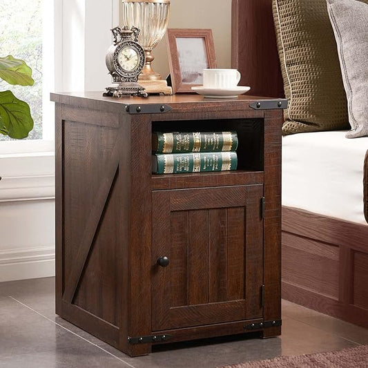 Nightstand with Charging Station, 20" Farmhouse End Table w/Groove Barn Door, Rustic Wood Sofa Side Bedside Table w/Open & Adjustable Shlef for Bedroom, Living Room, Brown