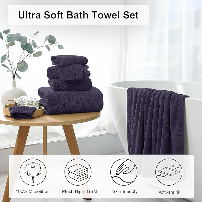 8 Piece Large Purple Family Bath Towel Set-2 Oversized Bath Towel Sheets,2 Hand Towels,4 Washcloths-600GSM Soft Highly Absorbent Quick Dry Beach Chair Towels Woven Towels for Bathroom Hotel and Spa