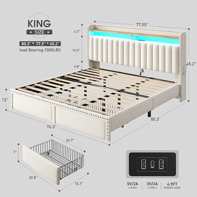EnHomee King Size Bed Frame with 2 Storage Drawers, Upholstered Platform Bed with LED Lights and Charging Station, Sturdy Wooden Slats Support, No Box Spring Needed, Noise Free, Beige