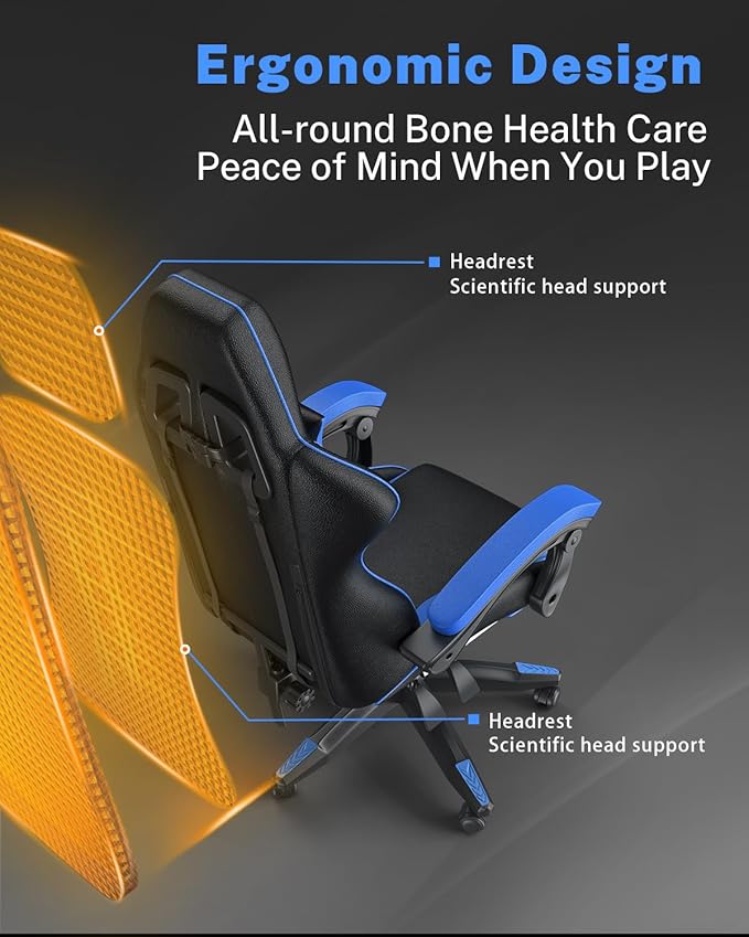 Gaming Chair with Footrest, High Back Ergonomic Computer Gamer Chair with Headrest and Lumbar Support, Racing Style Reclining Game Chair for Adults, Kids (Blue-Black)