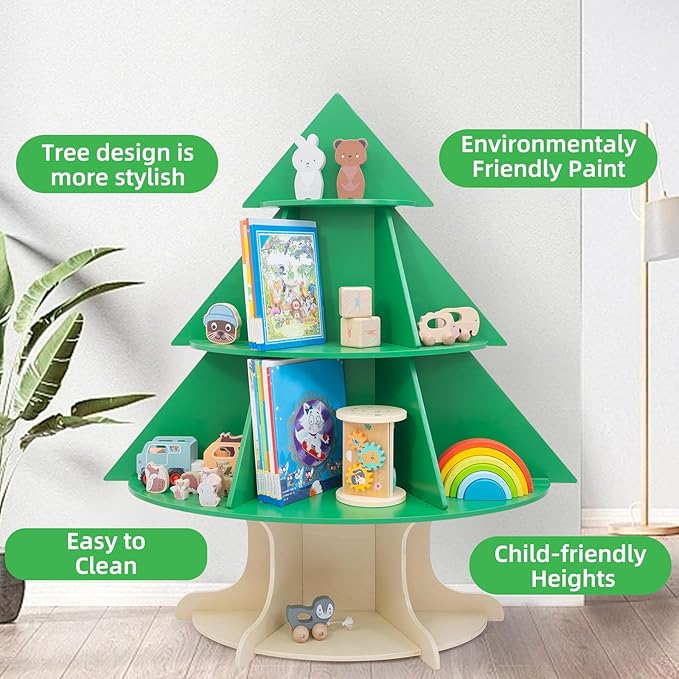 WOOD CITY Kids Bookshelf and Toy Storage Organizer, 2 in 1 Solid Wooden Children Tree Bookcase and Toy Shelf Toddler Storage Display Bookshelf for Kids Room Playroom Bedroom Study Easy Assembly