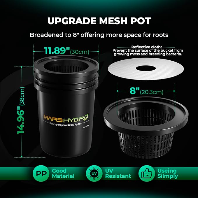 MARS HYDRO DWC Hydroponics Grow System 5 Gallon Deep Water Culture with Recirculating Drip Garden System 11W Air Pump, Multi-Purpose Air Hose, Air Stone, 4 Buckets and Top Drip Kit