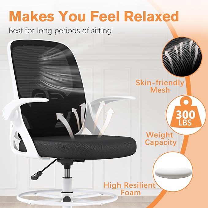 Tall Drafting Chair with Lumbar Support and Footrest Ring, Supportive Tall Extended Height Ergonomic Desk Chair for Home Work, Breathable Mesh Office Chair with Flip up Arms(White)