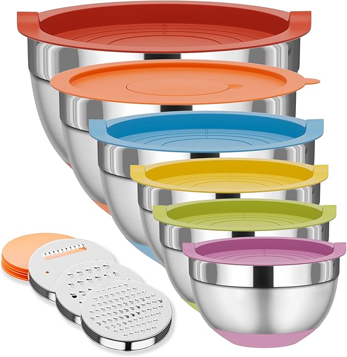 Mixing Bowls with Lids Set, 6 Piece Stainless Steel Nesting Storage Bowls for Kitchen, with 3 Grater Attachments & Non-Slip Bottoms, Size 5.5,3.5,2.5,2.1,1.5,1.1 QT