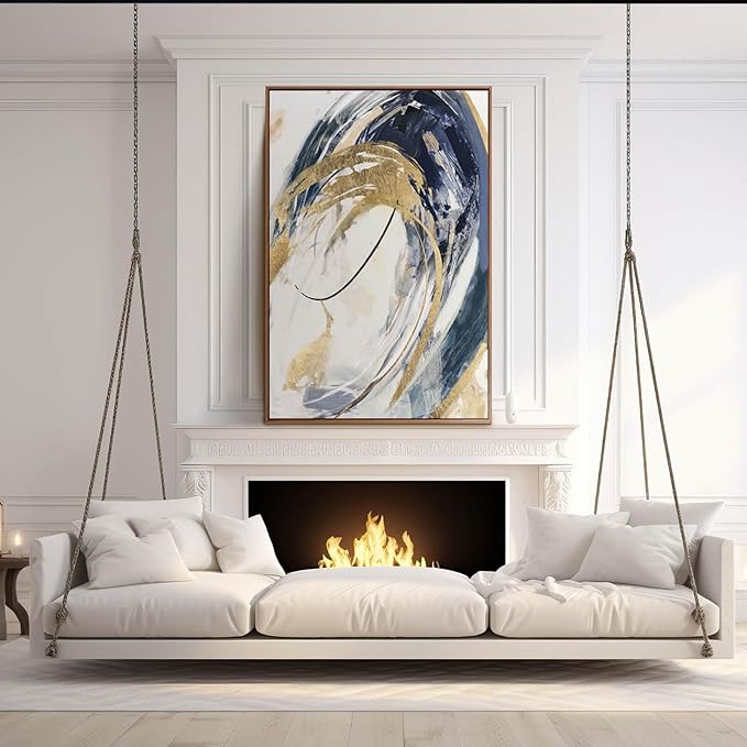 Large Wall Art Framed Artwork Gold Wall Decor Living Room Decorations Blue Wall Decor Abstract Painting Gold Line Artwork Line Office Decor Ready to Hang 32X48 Inch