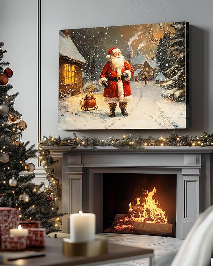 Vintage Santa Claus Christmas Canvas Wall Art - Festive Holiday Painting for Living Room,Bedroom & Bathroom, Cozy Winter Decor Framed Print, Perfect Christmas Gifts & Home Decoration